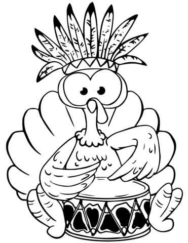 Cartoon Turkey Playing Drum Coloring Page